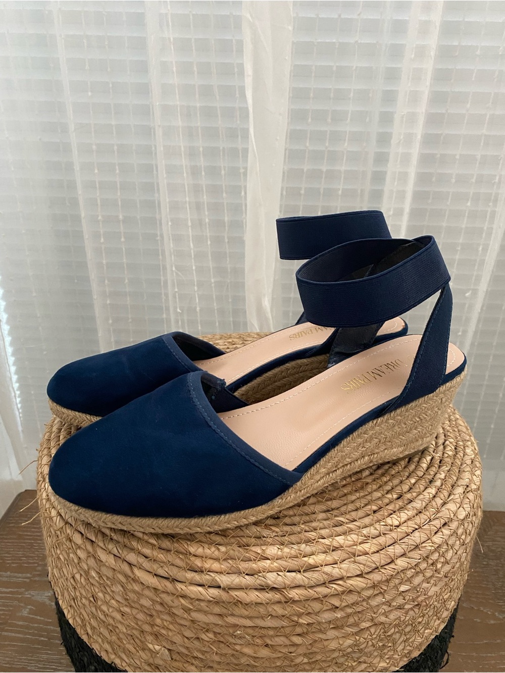 Dreamers Navy Espadrille Wedge Sandals with Ankle Wrap